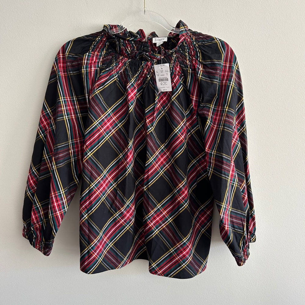 NWT J.Crew Factory Plaid Smocked Neck Blouse Black Multi Size M Holiday Tartan